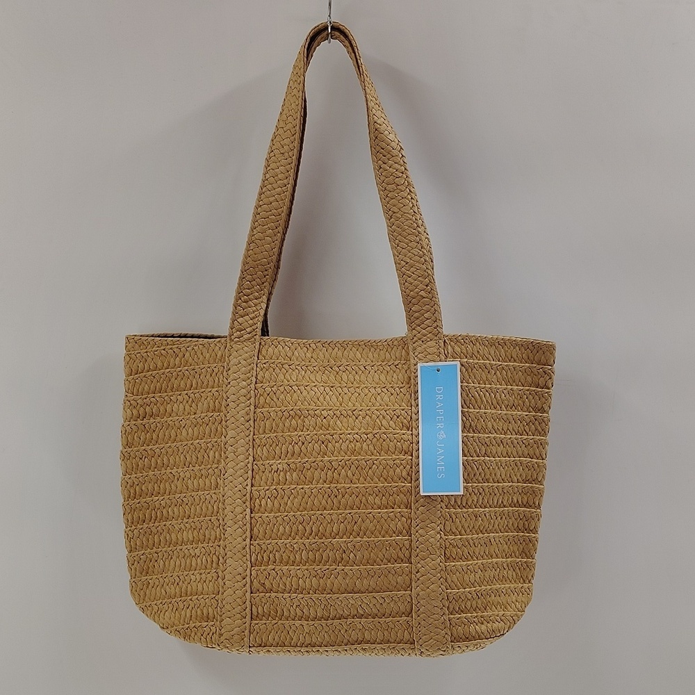 Draper James Woven Straw Tan Bag Tote Purse Blue Lining NWT